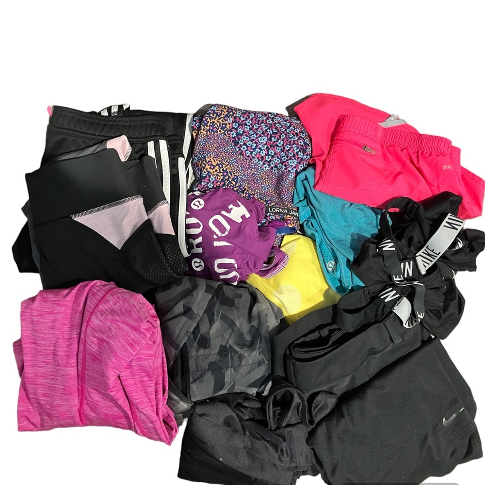 15 Piece Athletic Lot. Mostly Size Small. Tops. Shorts Jackets Pants